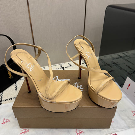 CHRISTIAN LOUBOUTIN 26S HIGH HEEL SANDALS 145 MM IN BEIGE PATENT CALFSKIN