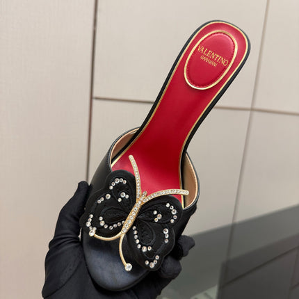 VALENTINO 26S BUTTERFLY HEEL SANDALS IN BLACK CALFSKIN