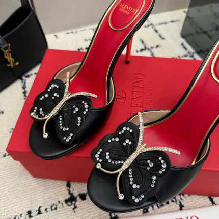 VALENTINO 26S BUTTERFLY HEEL SANDALS IN BLACK CALFSKIN