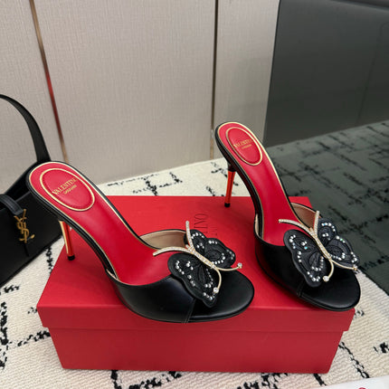 VALENTINO 26S BUTTERFLY HEEL SANDALS IN BLACK CALFSKIN