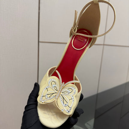 VALENTINO 26S ANKLE STRAP BUTTERFLY SANDALS IN LIGHT YELLOW CALFSKIN