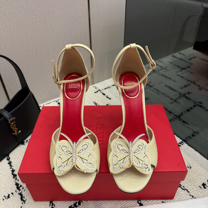 VALENTINO 26S ANKLE STRAP BUTTERFLY SANDALS IN LIGHT YELLOW CALFSKIN