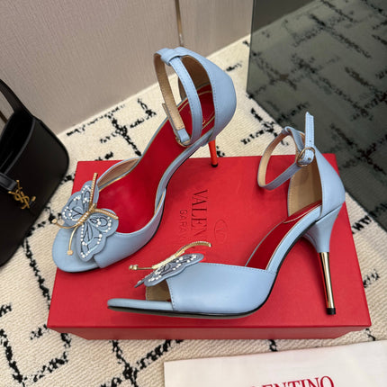 VALENTINO 26S ANKLE STRAP BUTTERFLY SANDALS IN LIGHT BLUE CALFSKIN