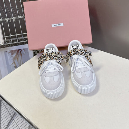 MIUMIU 25S SNEAKERS 45NN IN WHITE SUEDE WITH LEOPARD-PRINT LACES