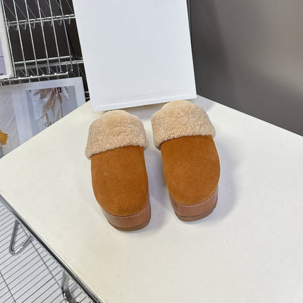CELINE 26S WEDGE MULES IN ORANGE BROWN SUEDE AND BEIGE WOOL