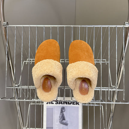CELINE 26S WEDGE MULES IN ORANGE BROWN SUEDE AND BEIGE WOOL
