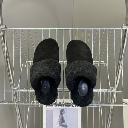 CELINE 26S WEDGE MULES IN BLACK SUEDE AND WOOL