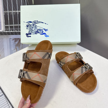 BURBERRY 26S DOUBLE BUCKLE SANDALS IN CARAMEL BROWN SUEDE