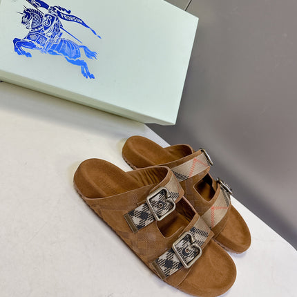 BURBERRY 26S DOUBLE BUCKLE SANDALS IN CARAMEL BROWN SUEDE