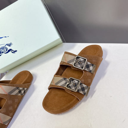 BURBERRY 26S DOUBLE BUCKLE SANDALS IN CARAMEL BROWN SUEDE