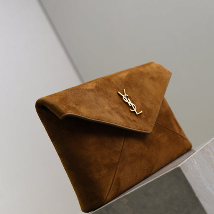 YSL 25S CASSANDRE LARGE ENVELOPE POUCH 29 IN BURNT UMBER SUEDE GOLD HARDWARE