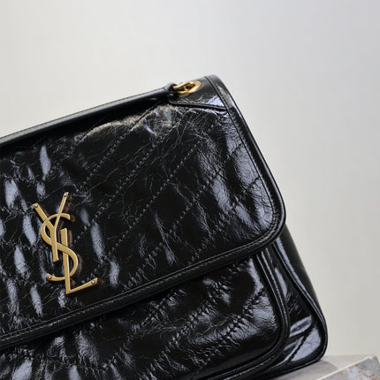 YSL 25S NIKI GM BAG 32 IN BLACK GLOSSY CALFSKIN GOLD HARDWARE