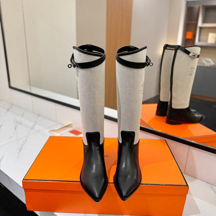 HM 26S JUMPING BOOTS IN BLACK CALFSKIN AND BEIGE CANVAS WITH SILVER HARDWARE