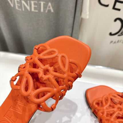 LOEWE 26S PETAL ANAGRAM SLIDE IN BURNT ORANGE CALFSKIN