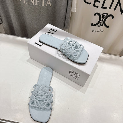 LOEWE 26S PETAL ANAGRAM SLIDE IN LIGHT BLUE CALFSKIN