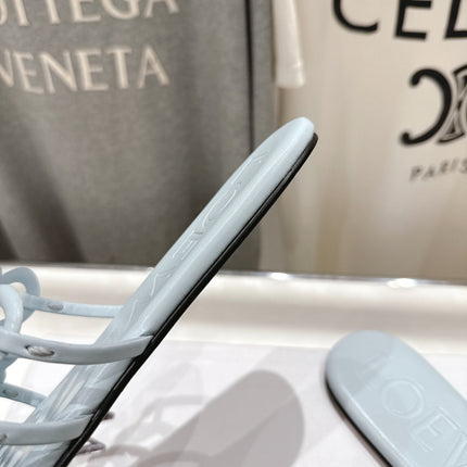LOEWE 26S PETAL ANAGRAM SLIDE IN LIGHT BLUE CALFSKIN