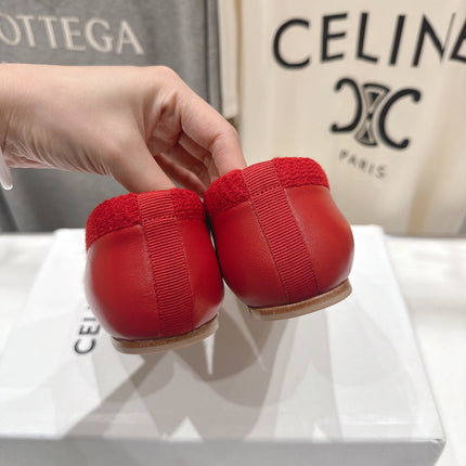 CELINE 26S BALLET FLATS IN RED CALFSKIN WITH BOW