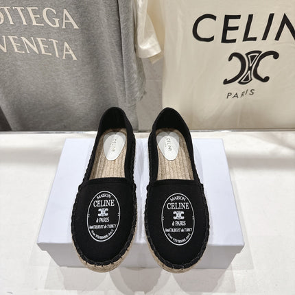 CELINE 26S MAISON PARIS EMBLEM ESPADRILLE FLATS IN BLACK CANVAS