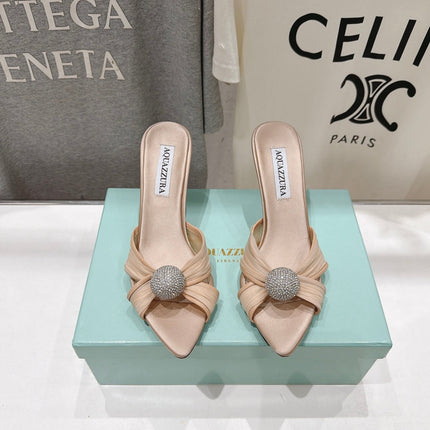 AQUAZZURA 26S HEEL SANDALS 80 MM IN BEIGE SATIN CRYSTAL-EMBELLISHED SPHERE
