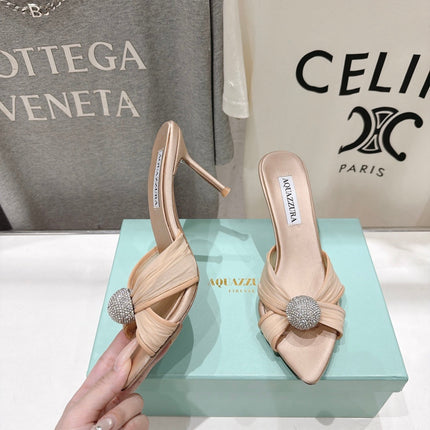 AQUAZZURA 26S HEEL SANDALS 80 MM IN BEIGE SATIN CRYSTAL-EMBELLISHED SPHERE