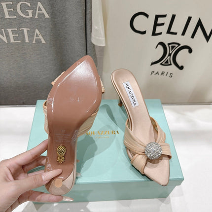 AQUAZZURA 26S HEEL SANDALS 80 MM IN BEIGE SATIN CRYSTAL-EMBELLISHED SPHERE