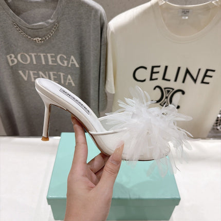 AQUAZZURA 26S BOUQUET HEELED SANDALS 80 MM IN CREAM WHITE SATIN & CALFSKIN
