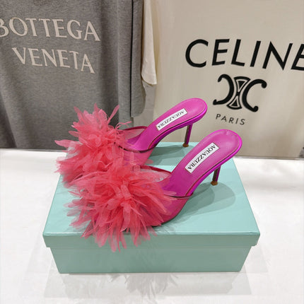 AQUAZZURA 26S BOUQUET HEELED SANDALS 80 MM IN PINK SATIN & CALFSKIN