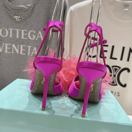 AQUAZZURA 26S BOUQUET HEELED SANDALS 100 MM IN PINK SATIN & CALFSKIN
