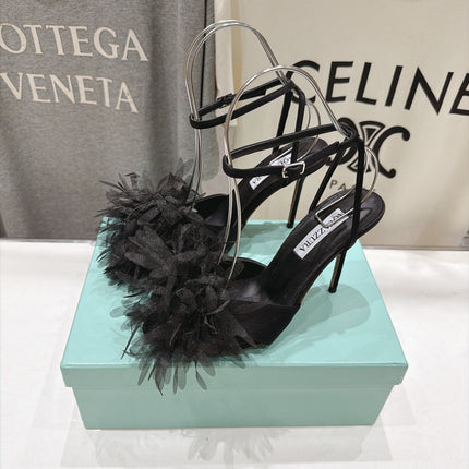 AQUAZZURA 26S BOUQUET HEELED SANDALS 100 MM IN BLACK SATIN & CALFSKIN