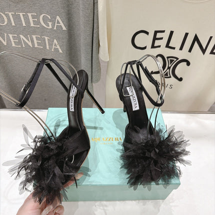 AQUAZZURA 26S BOUQUET HEELED SANDALS 100 MM IN BLACK SATIN & CALFSKIN