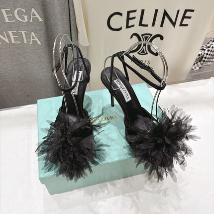 AQUAZZURA 26S BOUQUET HEELED SANDALS 100 MM IN BLACK SATIN & CALFSKIN