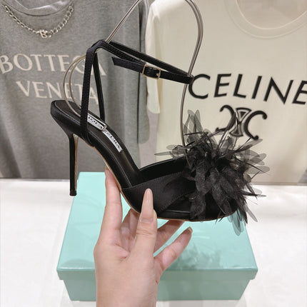 AQUAZZURA 26S BOUQUET HEELED SANDALS 100 MM IN BLACK SATIN & CALFSKIN