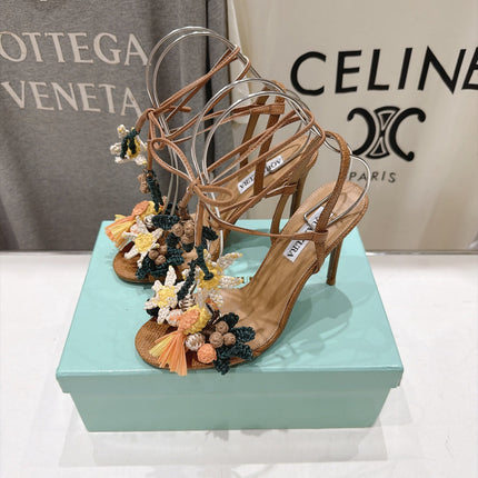 AQUAZZURA 26S FLORAL APPLIQUE SANDALS 100 MM IN BROWN WOVEN FABRIC