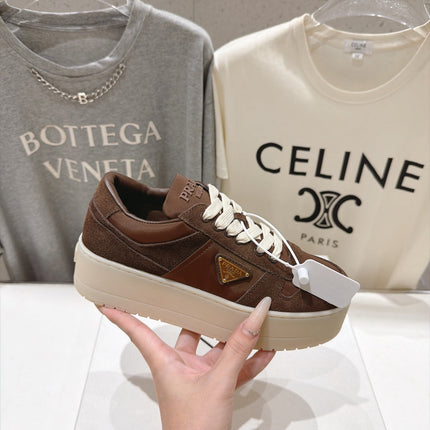 PRADA 26S PLATFORM SNEAKERS 50MM IN BROWN SUEDE AND WATERPROOF FABRIC