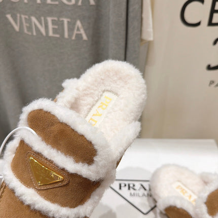 PRADA 26S MULE LOAFERS IN BROWN SUEDE SHEARLING LINED