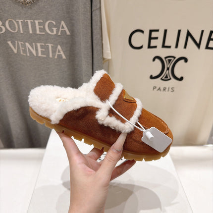 PRADA 26S MULE LOAFERS IN CARAMEL BROWN SUEDE SHEARLING LINED