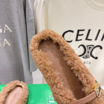BOTTEGA VENETA 26S MULES IN LIGHT BROWN SHEARLING WITH LEATHER STRAP