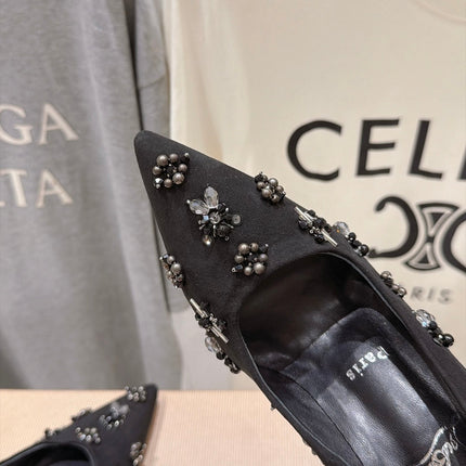 CHRISTIAN LOUBOUTIN 26S HIGH HEELS 105 MM IN BLACK SUEDE CRYSTALS AND METAL BEADS