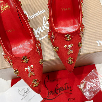 CHRISTIAN LOUBOUTIN 26S HIGH HEELS 105 MM IN RED SUEDE CRYSTALS AND METAL BEADS