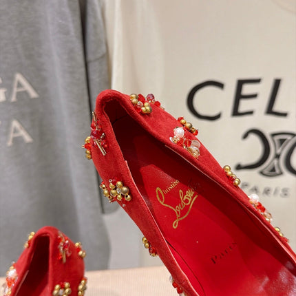 CHRISTIAN LOUBOUTIN 26S HIGH HEELS 105 MM IN RED SUEDE CRYSTALS AND METAL BEADS
