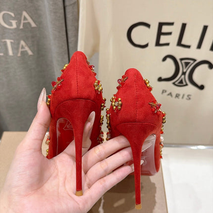 CHRISTIAN LOUBOUTIN 26S HIGH HEELS 105 MM IN RED SUEDE CRYSTALS AND METAL BEADS