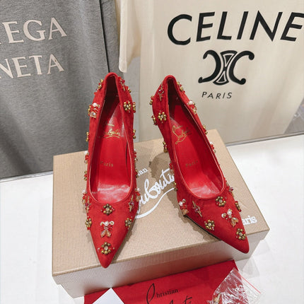 CHRISTIAN LOUBOUTIN 26S HIGH HEELS 105 MM IN RED SUEDE CRYSTALS AND METAL BEADS