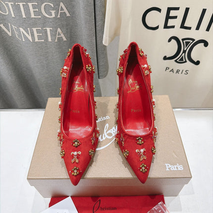 CHRISTIAN LOUBOUTIN 26S HIGH HEELS 105 MM IN RED SUEDE CRYSTALS AND METAL BEADS