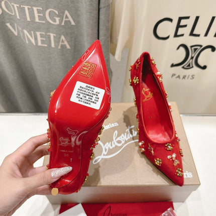 CHRISTIAN LOUBOUTIN 26S HIGH HEELS 105 MM IN RED SUEDE CRYSTALS AND METAL BEADS