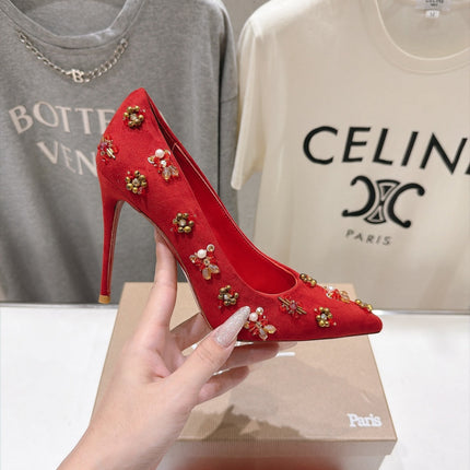 CHRISTIAN LOUBOUTIN 26S HIGH HEELS 105 MM IN RED SUEDE CRYSTALS AND METAL BEADS