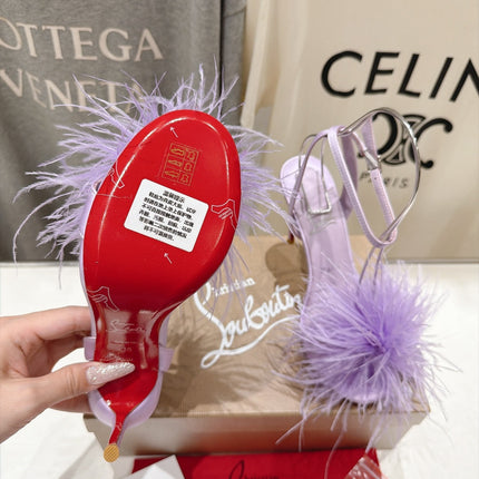 CHRISTIAN LOUBOUTIN 26S FEATHER TRIMMED HEEL SANDALS 105 MM IN LIGHT PURPLE SATIN