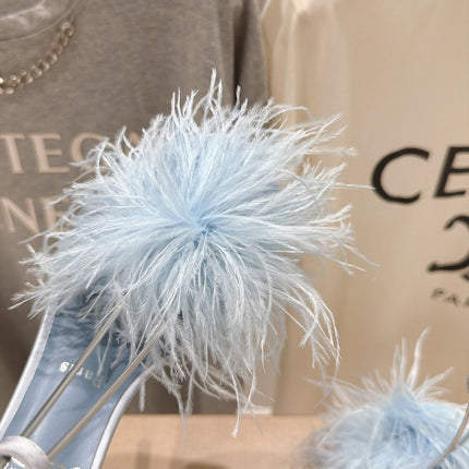 CHRISTIAN LOUBOUTIN 26S FEATHER TRIMMED HEEL SANDALS 150 MM IN SKY BLUE SATIN