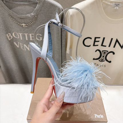 CHRISTIAN LOUBOUTIN 26S FEATHER TRIMMED HEEL SANDALS 150 MM IN SKY BLUE SATIN