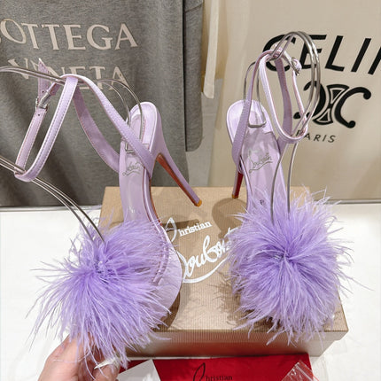 CHRISTIAN LOUBOUTIN 26S FEATHER TRIMMED HEEL SANDALS 150 MM IN LIGHT PURPLE SATIN