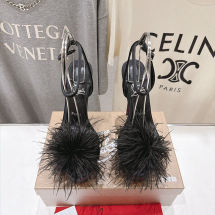 CHRISTIAN LOUBOUTIN 26S FEATHER TRIMMED HEEL SANDALS 150 MM IN BLACK SATIN